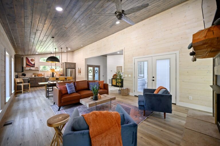 Open-concept luxury cabin interior, perfect for a couple's getaway