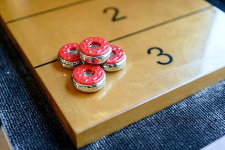 Shuffleboard pucks on scoring board — perfect for family reunion fun