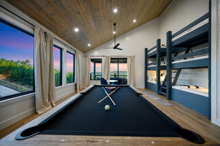 Spacious bunkroom and game area for large family vacation