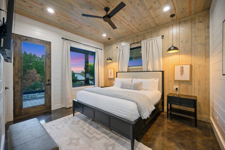 Cozy king bedroom retreat in a luxury cabin for large family vacation