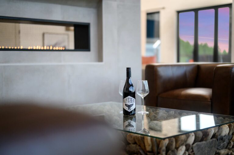 Wine bottle and glasses on stone coffee table by modern fireplace