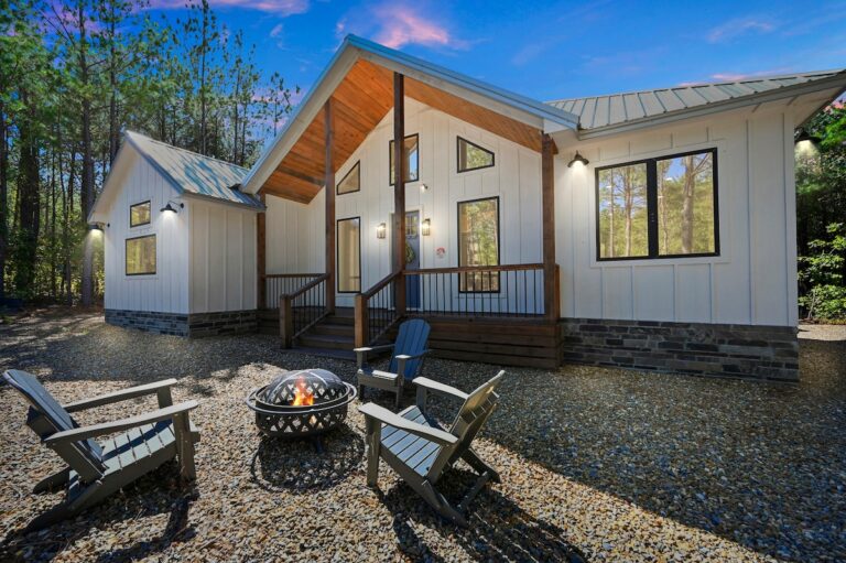 Splish Splash cabin exterior with firepit for family vacation ideas to experience nature and river activities nearby.