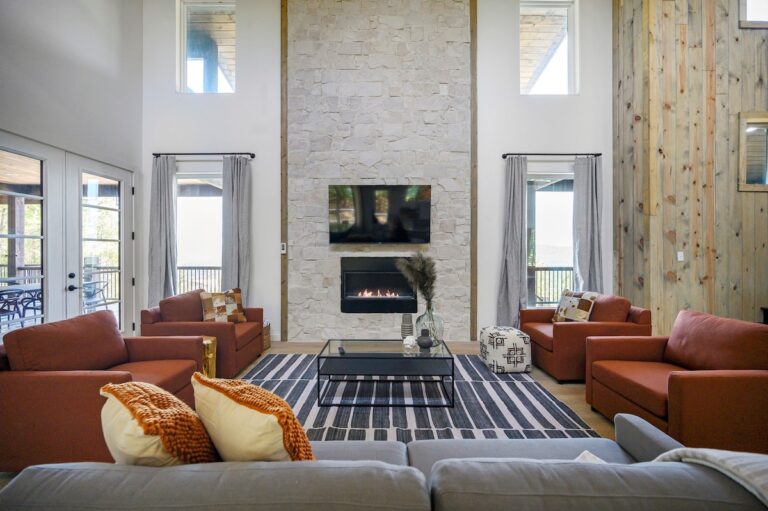 Living room in a pet friendly cabin with fireplace, stargazing views, and outdoor fire pit access