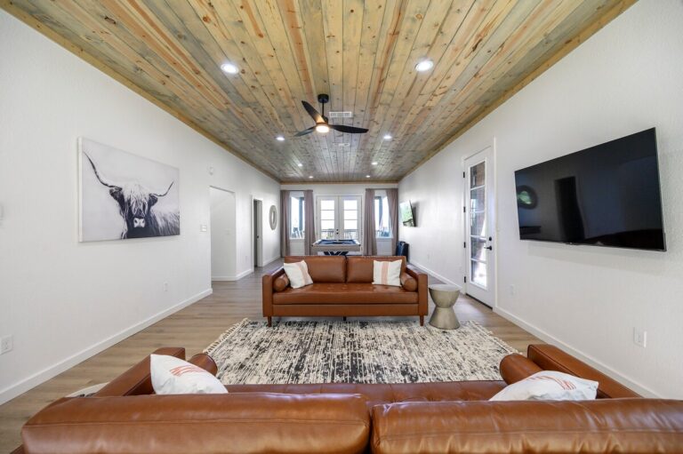 Game room with leather sofas and TV for stargazing cabin gatherings