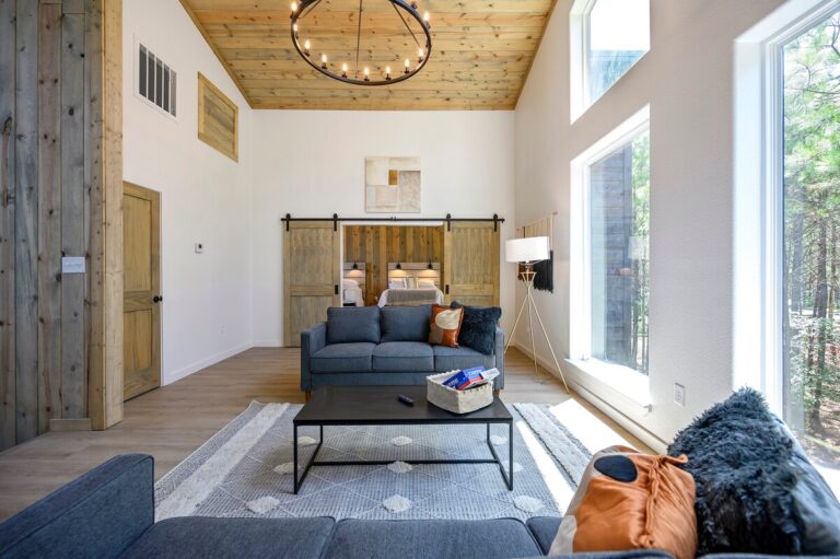 Living room with blue sofa and rustic ceiling at Sky Dive cabin, offering cozy space to relax after stargazing.