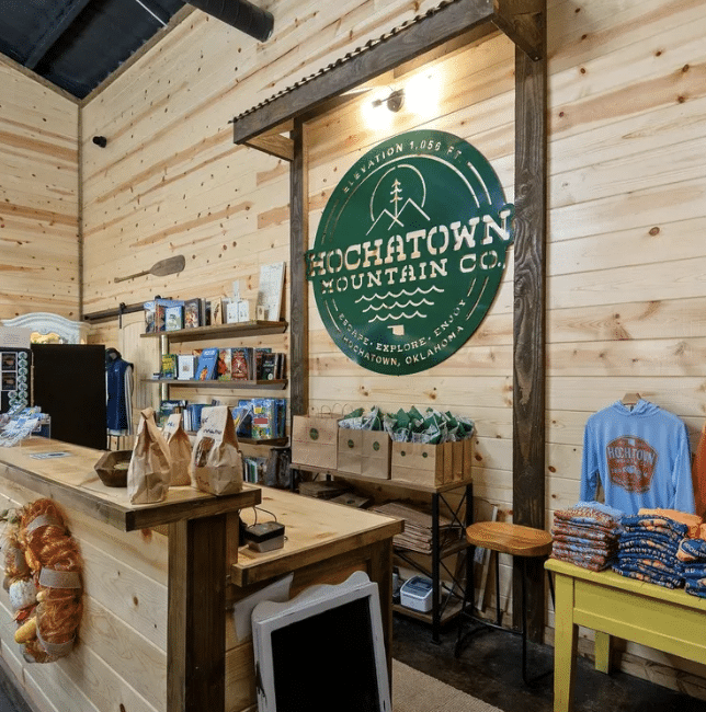Interior of hochatown mountain co. Shop in hochatown showcasing local products, souvenirs, and oklahoma-made goods.