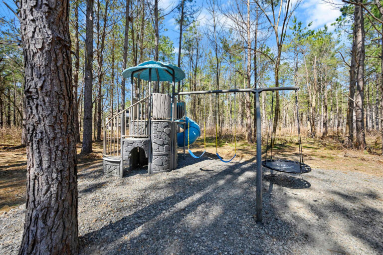 Family-friendly playground at Blue Note Broken Bow cabin with swings and play structure surrounded by pine trees near outdoor fire pit.